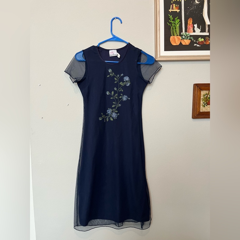 Expressions Navy Mini Dress with Floral Design 90s Y2K 2000s